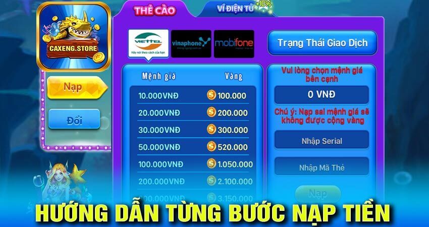 Hướng dẫn từng bước nạp tiền tại caxeng